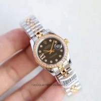 Réplica Rolex Lady Datejust 28 279383RBR 28MM Aco Inoxidável & Ouro Amarelo Marcador Preto