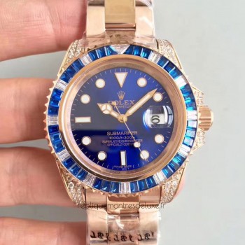 Réplica Rolex Submariner Date 116618LB Ouro Rosa & Diamantes Marcador Azul