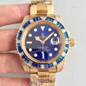 Réplica Rolex Submariner Date 116618LB Ouro Amarelo & Diamantes Marcador Azul