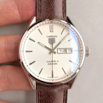 Réplica Tag Heuer Carrera Calibre 5 Dia-Data 41MM WAR201B.FC6291 Mostrador em Aço Inoxidável Branco Calibre 5 